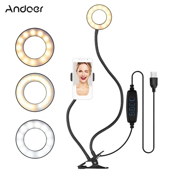 Подставка для освещения веб-камеры Andoer, 3,5-дюймовый кольцевой светильник Mini USB, 3 режима освещения с регулируемой яркостью, с креплением для веб-камеры, держатель телефона для прямой трансляции