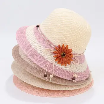 Korean Style Beads Rope Flower Decor Patchwork Color Sun Hat Women Big Brim Sunscreen Floppy Straw Hat шляпа женская летняя